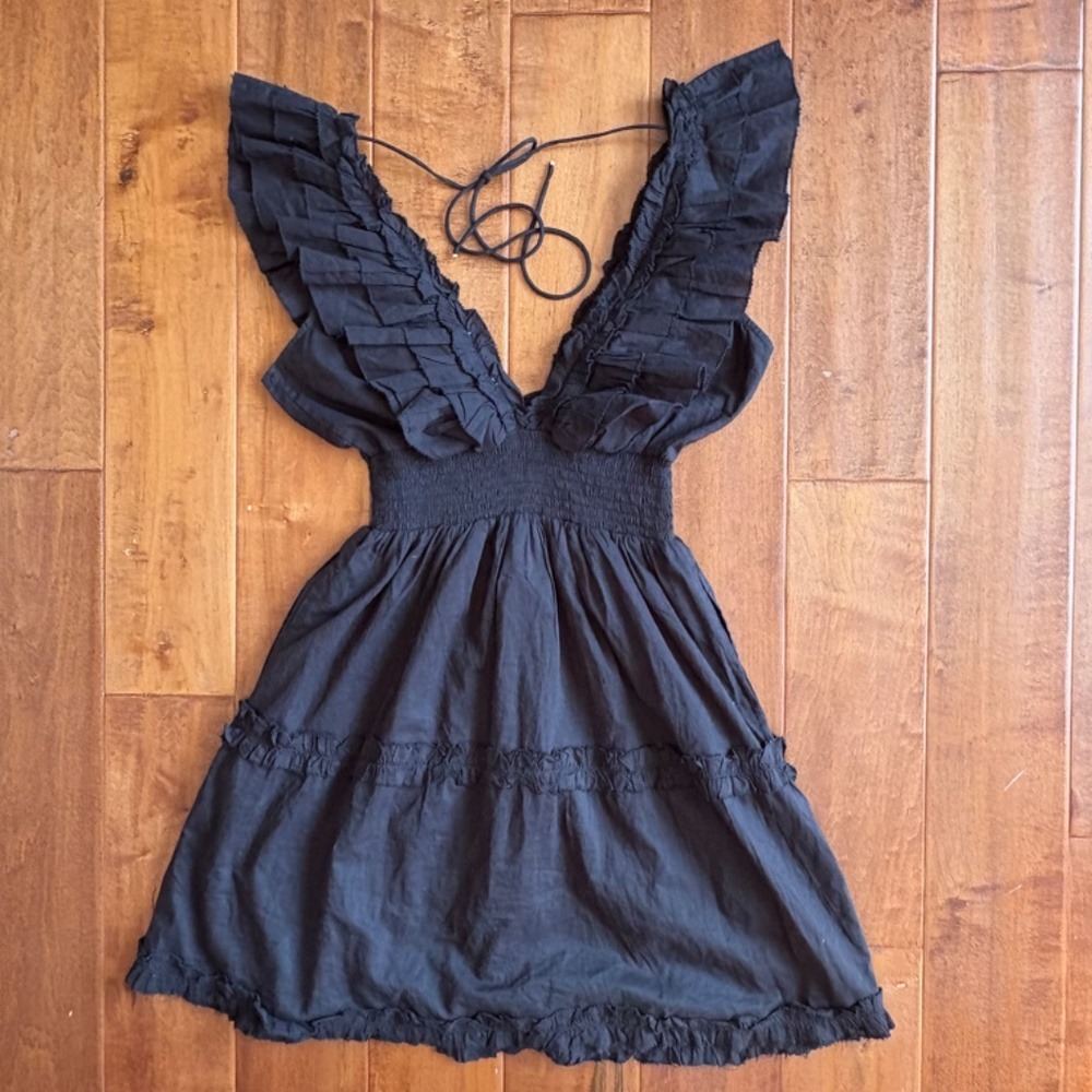 House of Harlow 1960 Mini Dress Ruffle Smocked, Women XS Black - Picture 4 of 8